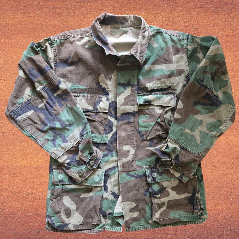 Vtg Mens US Military Woodland Camo BDU Ripstop Field Jacket Coat thrashed Large‎